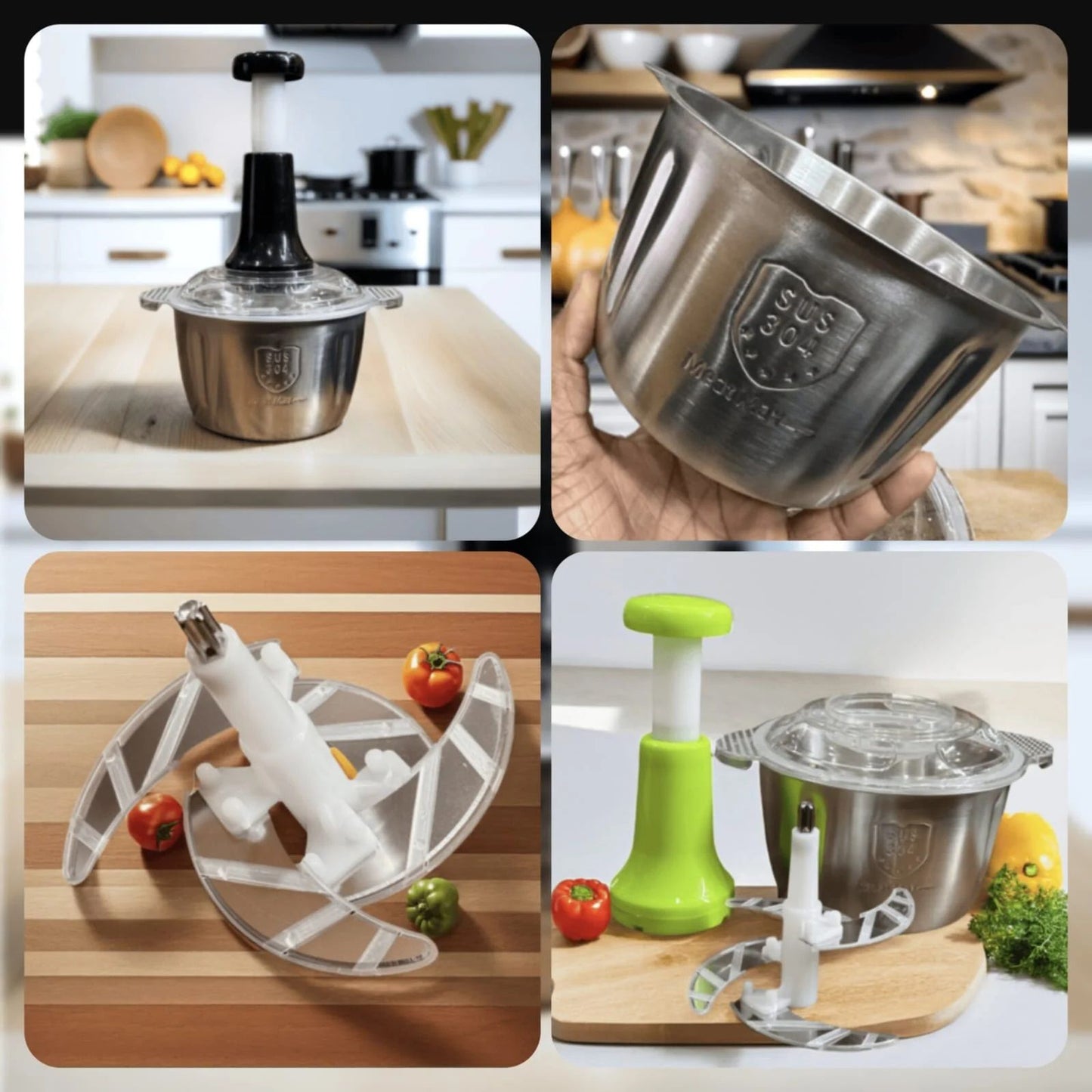 2 Litre 4 Blades Meat and Vegetable Manual Push Chopper with Stainless Steel Bowl